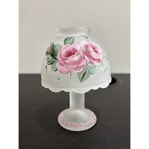 Westmoreland Fairy Lamp Frosted Glass Hand Painted Pink Flowers Signed 5.5” Tall